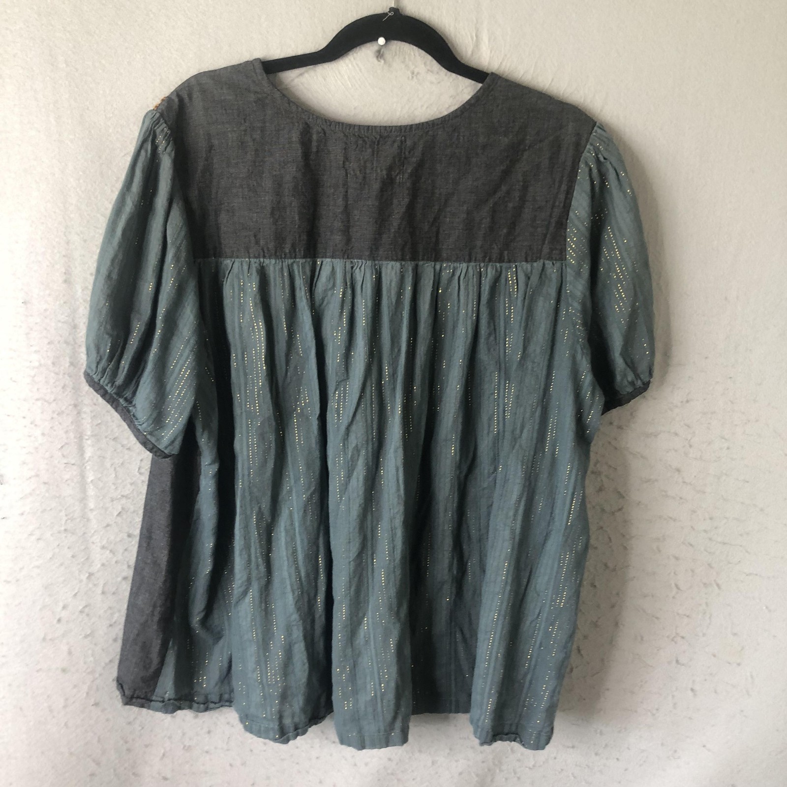 Celestial Top Womens XL Blue Embroidered Puff Sleeve Boho Peasant Festival