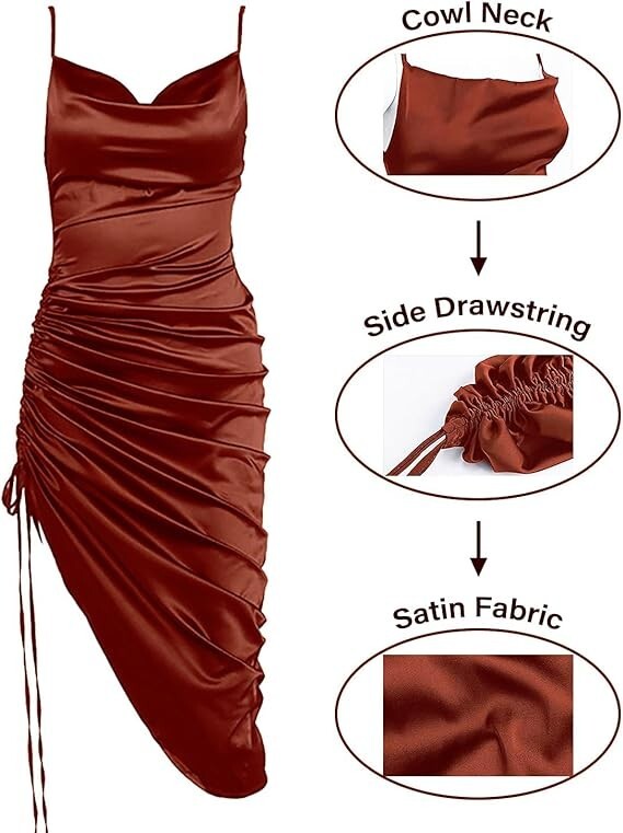 Women’s Plus Size Satin Cowl Neck Side Drawstring High Slit Party Dress, XL (B33