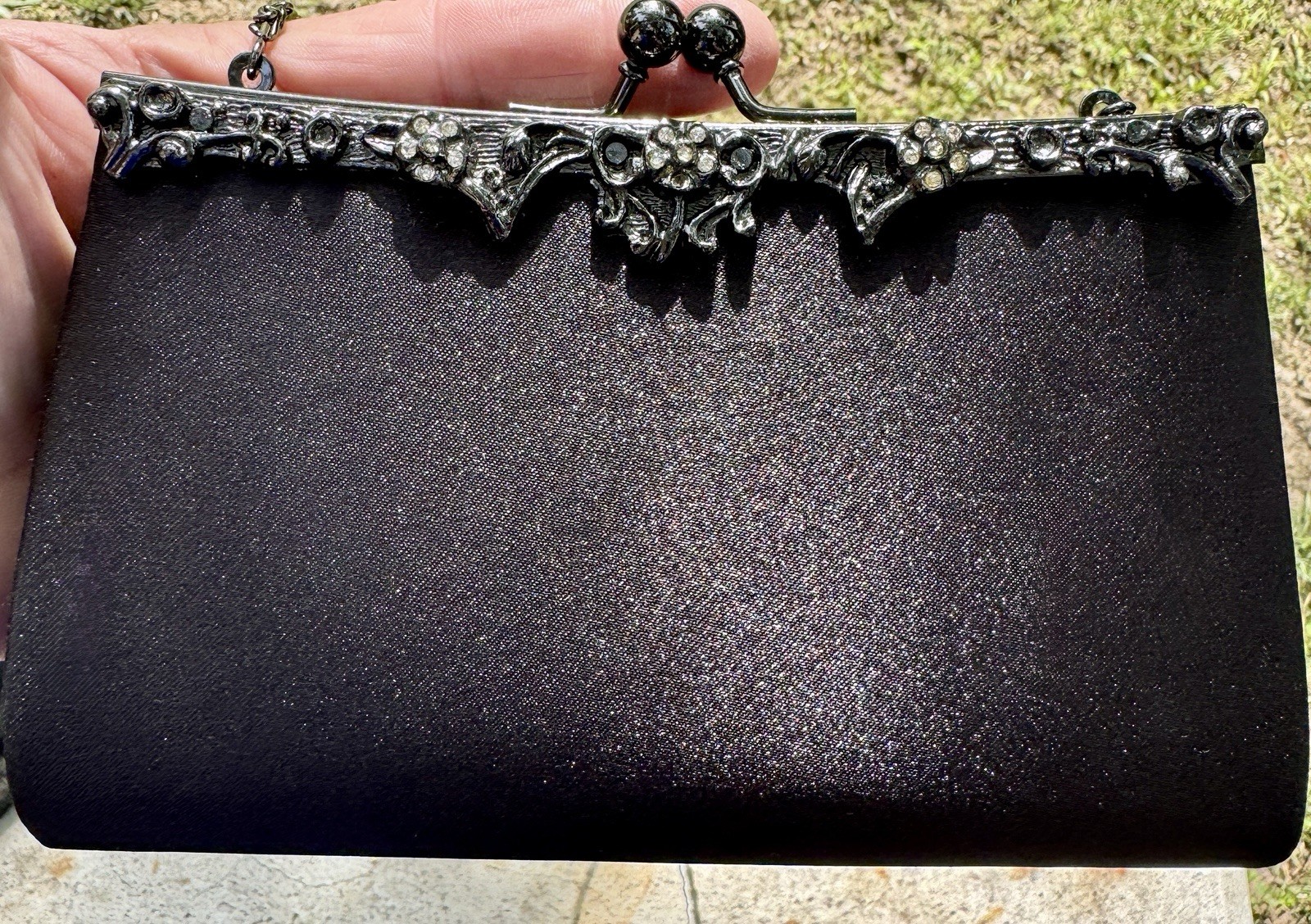 Small Embellished Jewel Black Satin Evening Cocktail Prom Bag Purse Clutch Goth