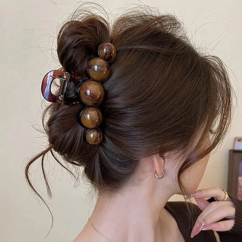 Retro Gradient Hair Claw 11cm Geometric Beaded Shark Clip Women Hair
