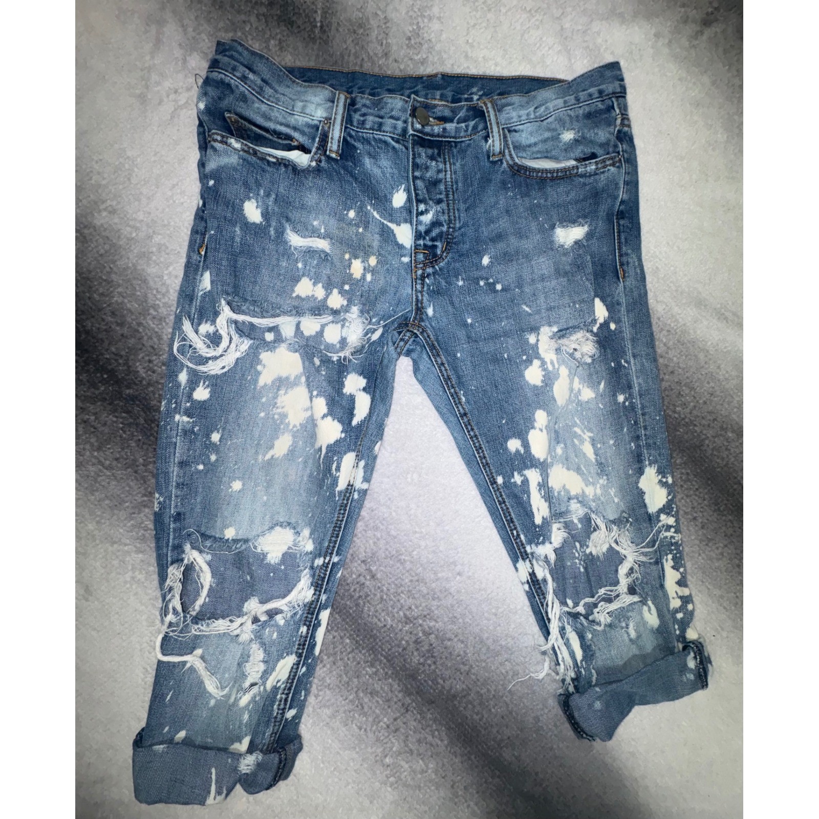 (B2) MNML Custom Bleach Splatter Distressed Cut Off Jeans Mens 34 Blue Street