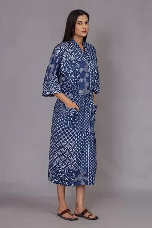 1 PC Indian block Print 100% cotton robe gown Hippie women maxi kimono dresses