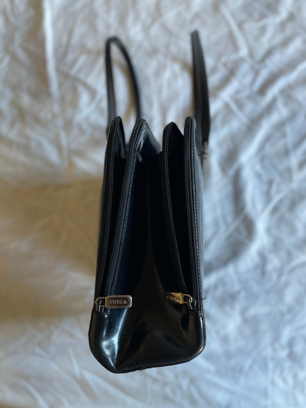 Vintage Black Furla Patent Leather Bag Straps Inside Pockets 11″H x 17″W x 4″D
