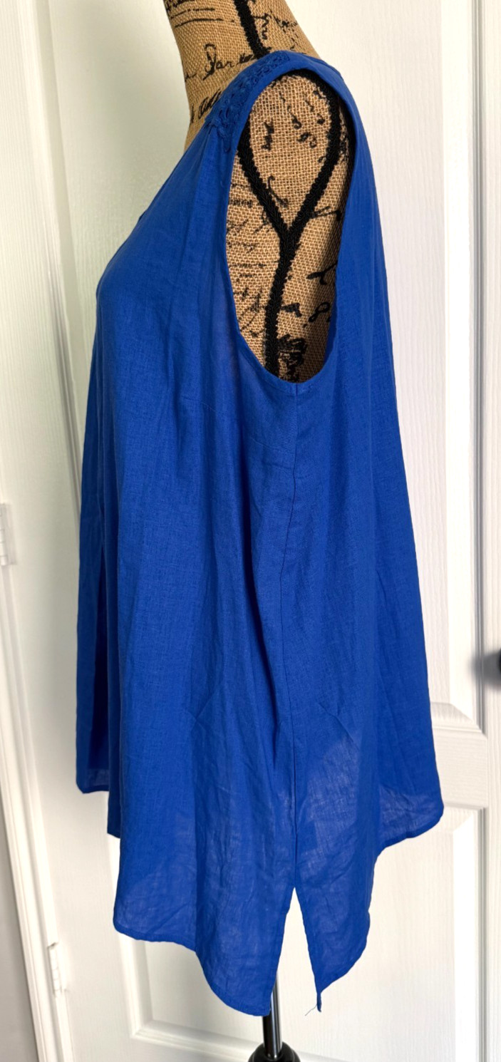 Counterparts Tunic Top Sleeveless V-Neck Royal Blue Embroidered Linen Blend XL