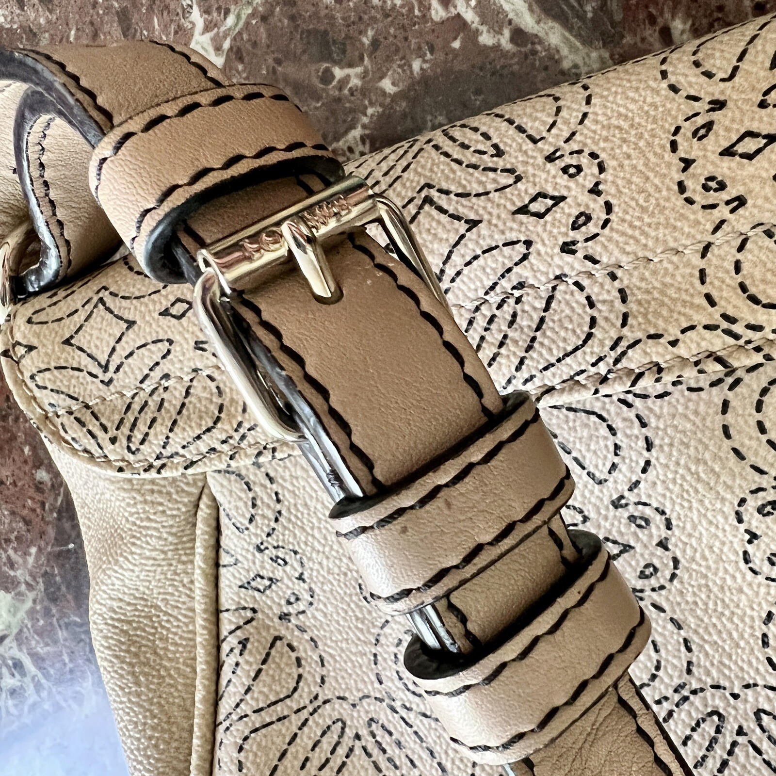 Vtg LOEWE Ltd Ed 2008 Anagram Logo Kite Coated Canvas Kip Leather Taupe Flap Bag
