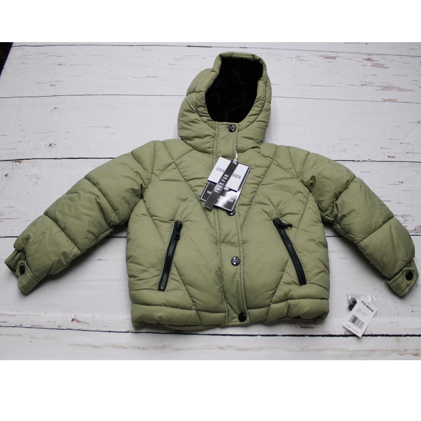 Steve Madden Kids Sage Green Hooded Puffer Jacket Faux Fur Trim Size 4 NEW