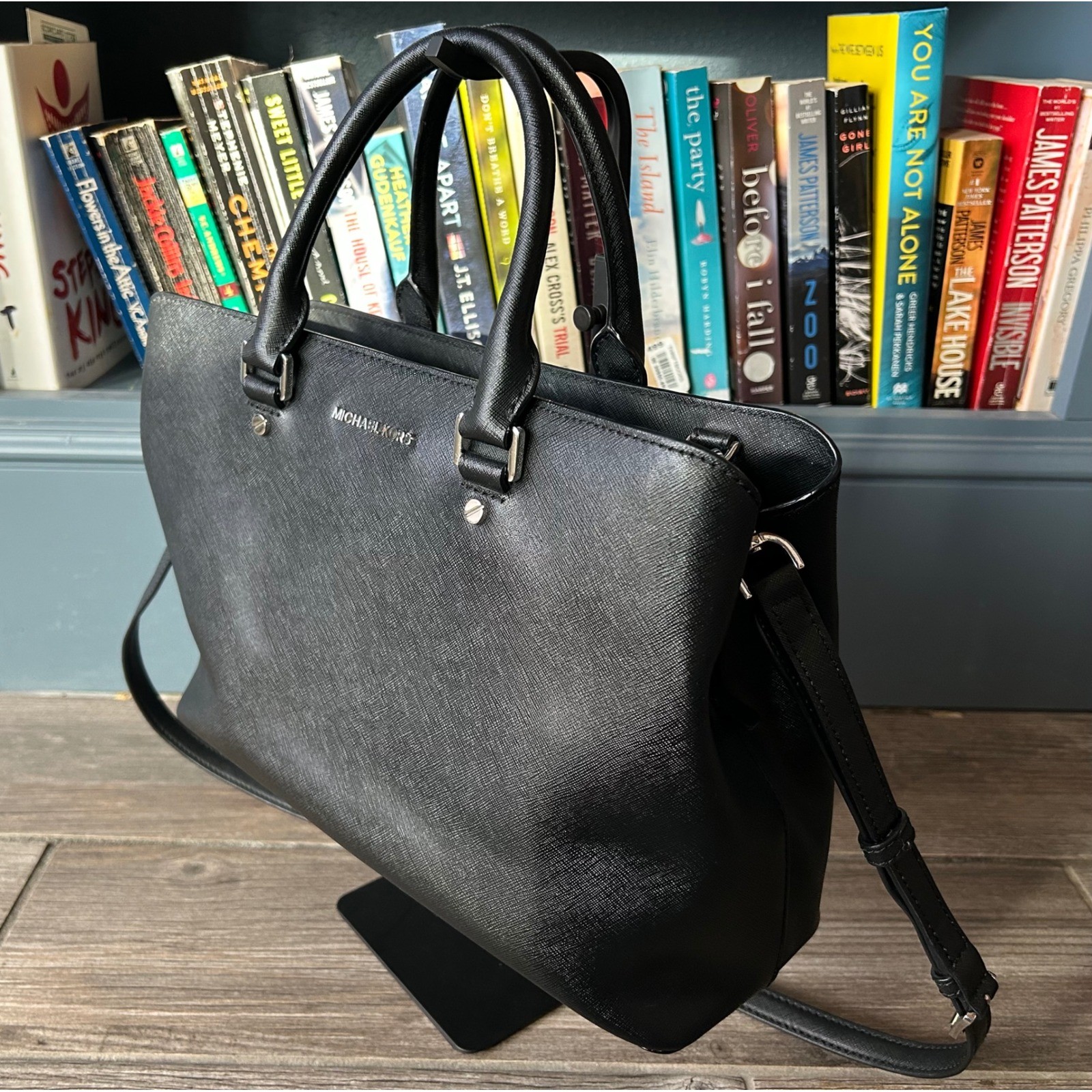 Michael Kors Savannah Black Saffiano Leather Satchel Crossbody Silver Purse Tote