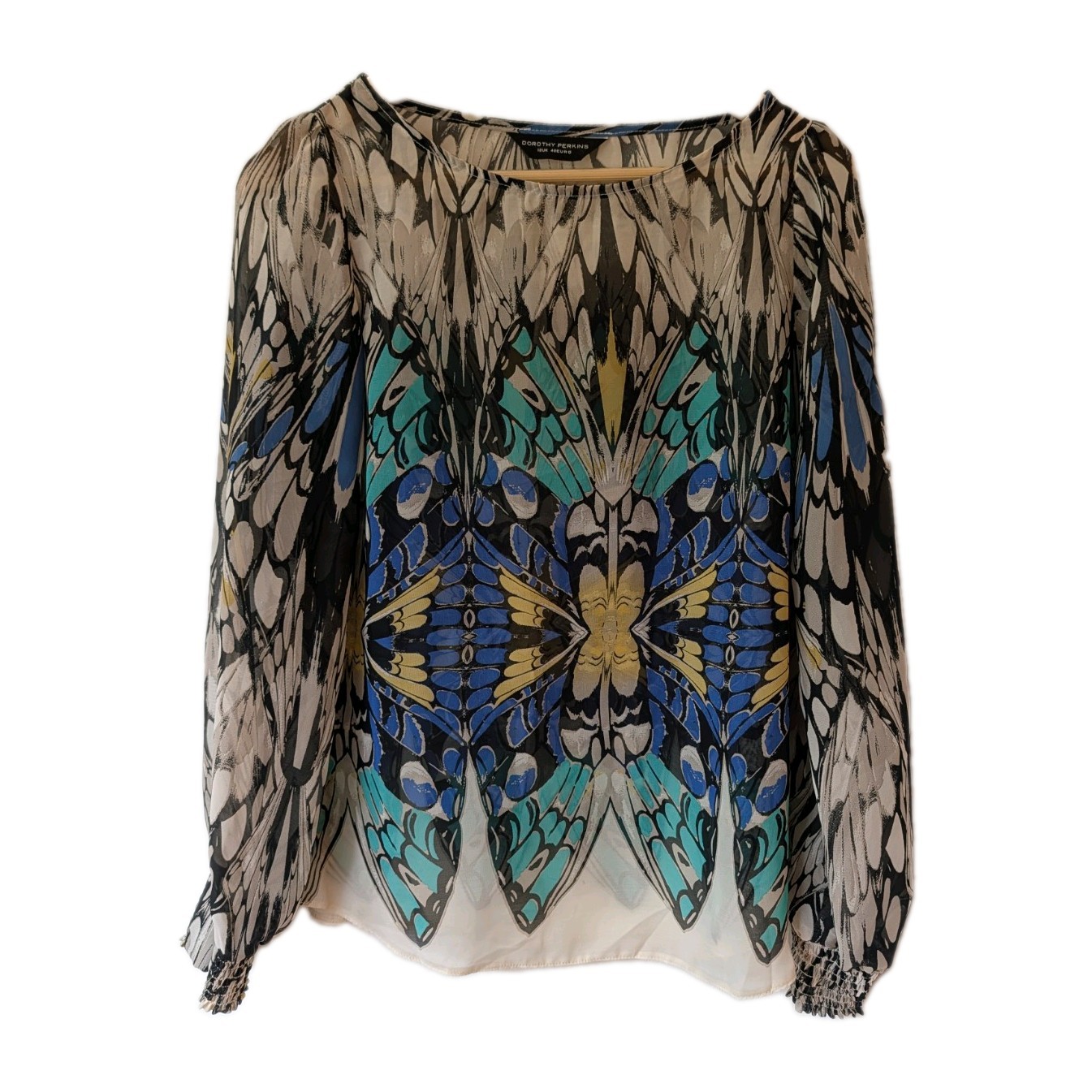 Dorothy Perkins Butterfly Print Statement Blouse Size 12 Sheer Top Boho