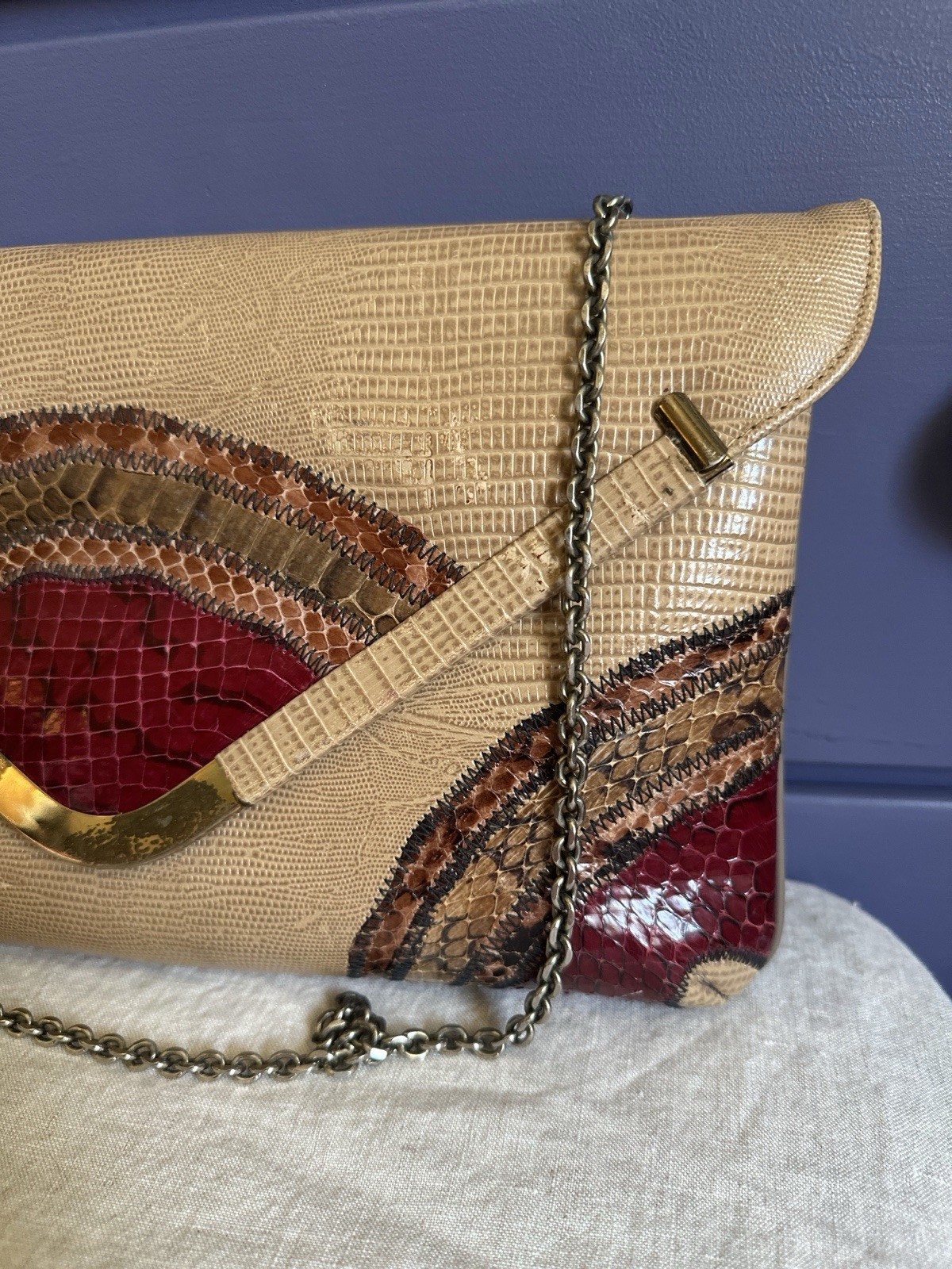 Vintage Original by Capice, snakeskin patchwork purse, chain strap, magnet close