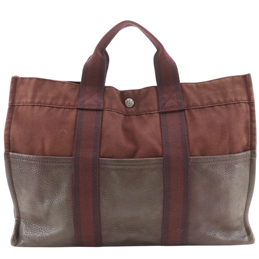 HERMES Sack Fourre ToutMM Handbag Half leather Brown Cotton canvas/leather…