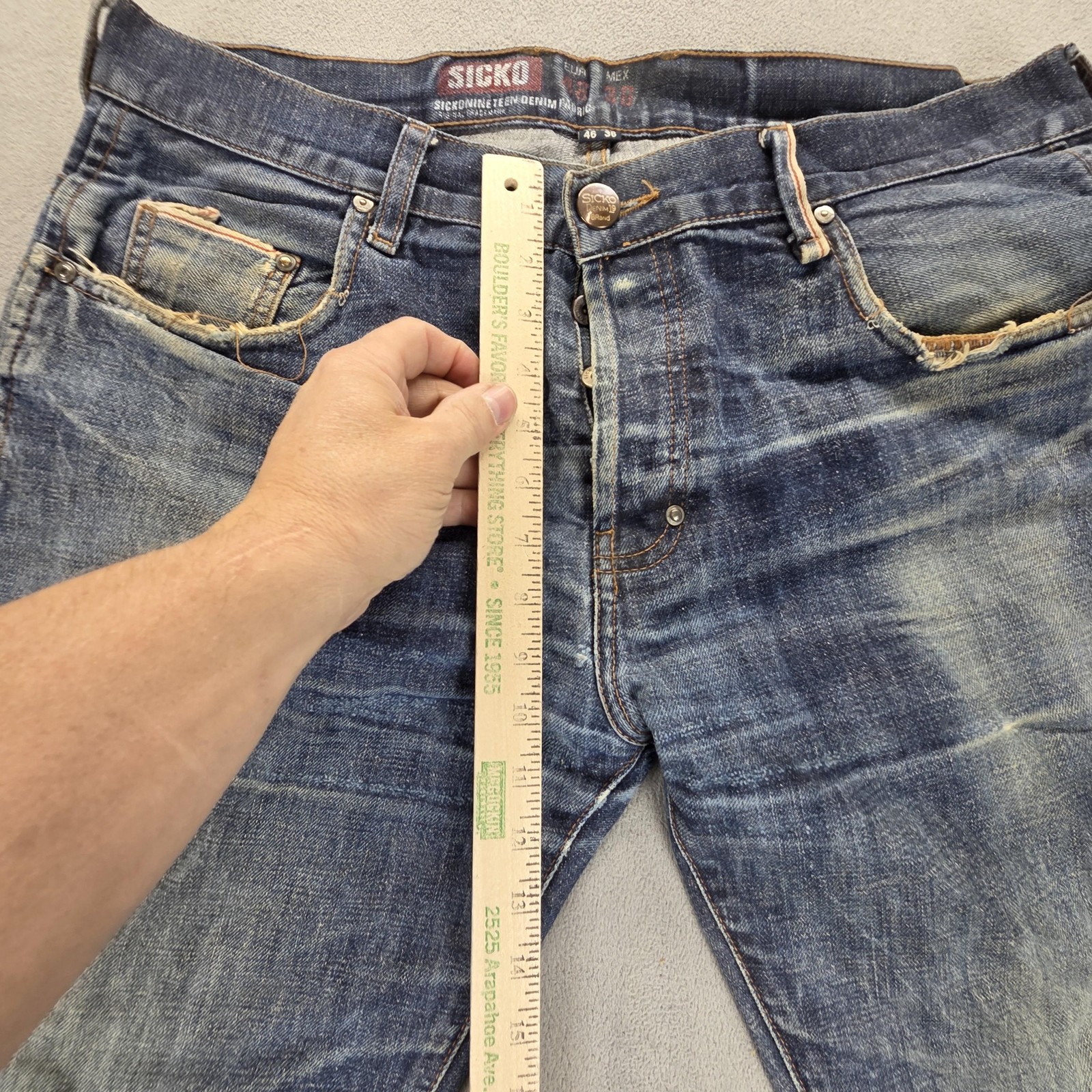 Sicko Jeans Mens Blue Selvedge Buckle Back Whiskers Fits 36×32