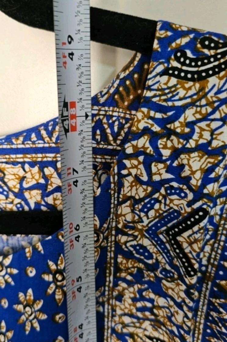 Batik Art 100% Cotton Blue Batik Caftan OSFM VTG POCKETS Boho Lounge Unworn