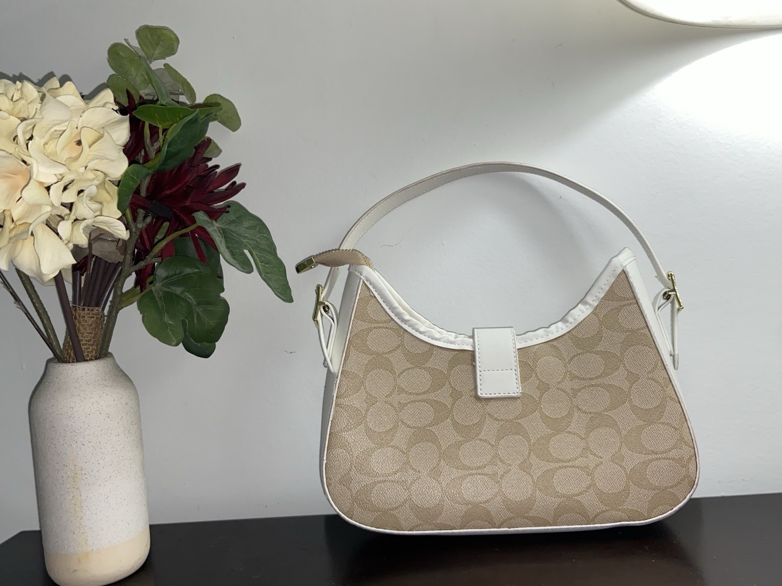 Coach Signature Logo Crescent Shoulder Bag Beige White Zip Top Gold Hardware