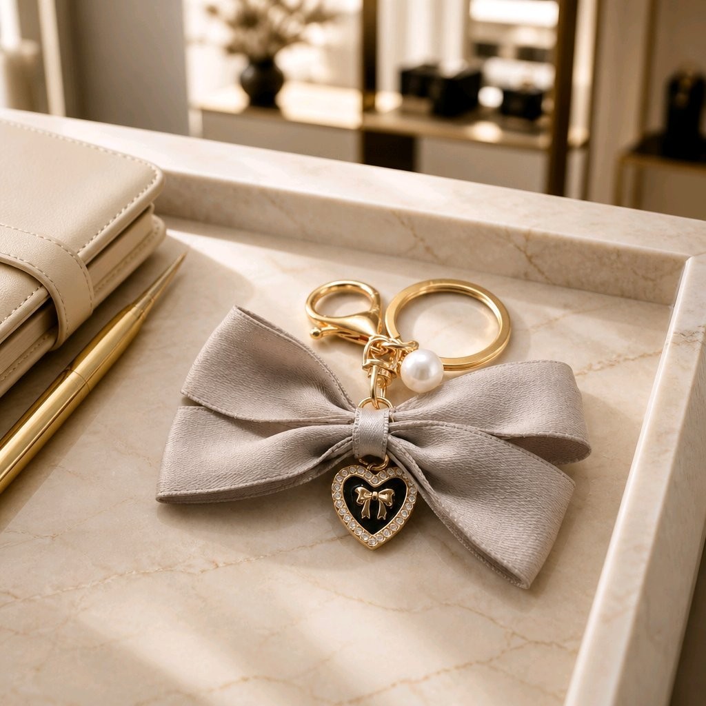 Satin Bow Ribbon Bag Charm Keychain Heart Rhinestone Pearl Luxury Purse Pendant