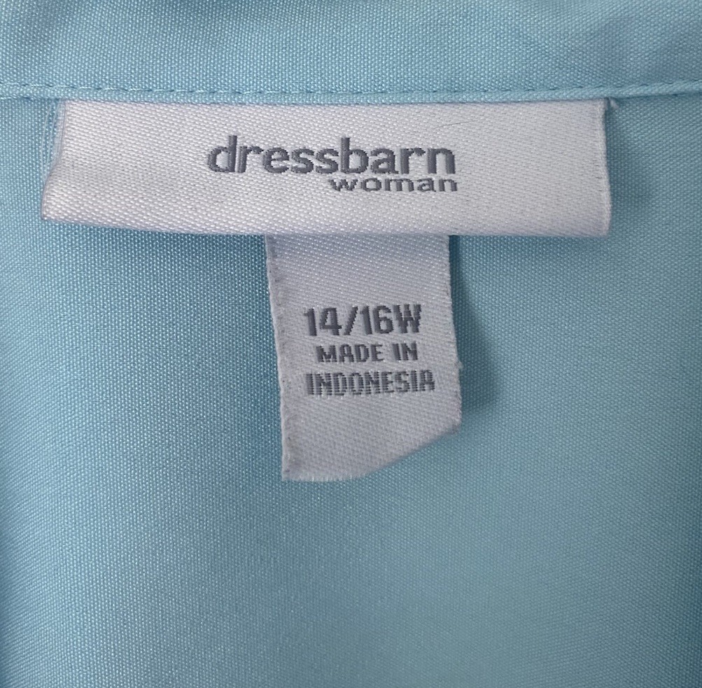 Dress Barn Aqua Blue Button Pin Tuck Blouse 14/16W Tailored Silouette Business