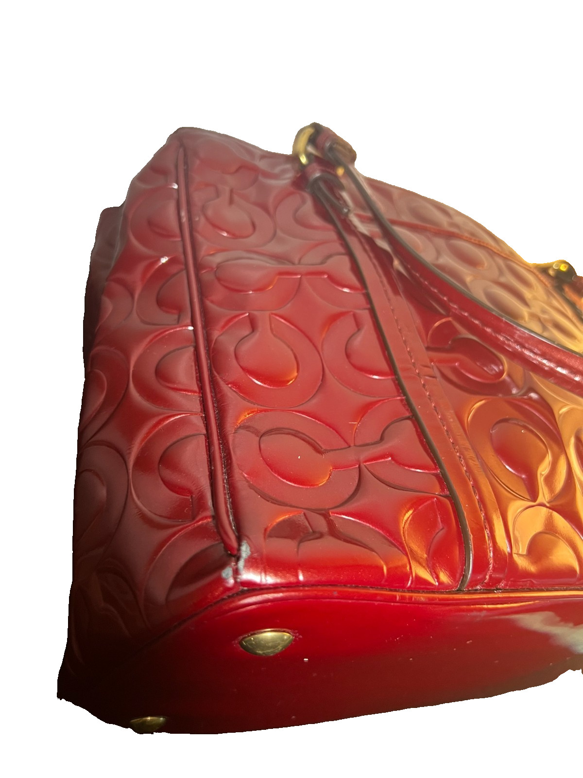 Coach Red Signature Embossed Patent Leather Tote Shoulder Bag Gold Hardware