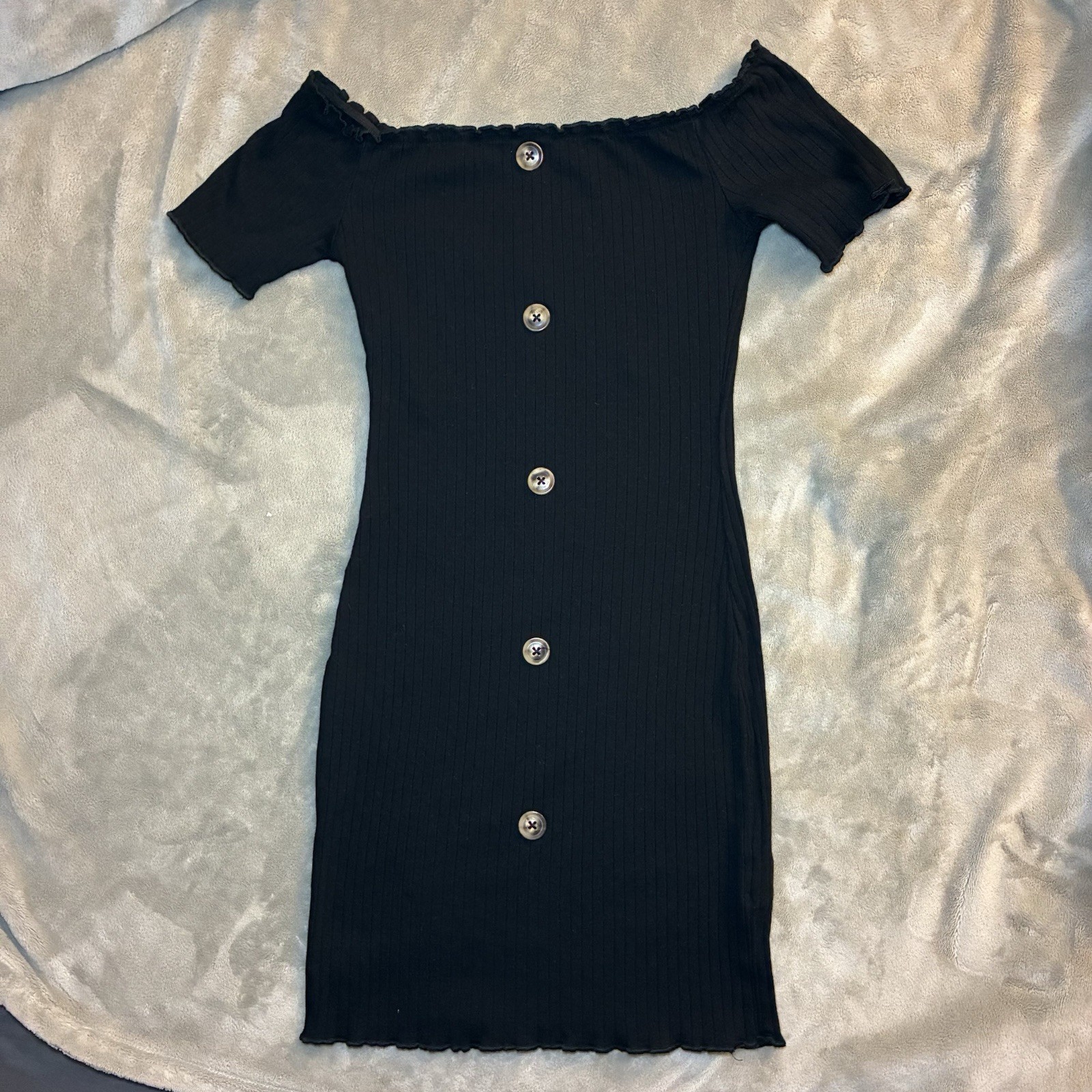 SHEIN Black Off Shoulder Ribbed Knit False Button Front Bodycon Mini Dress S