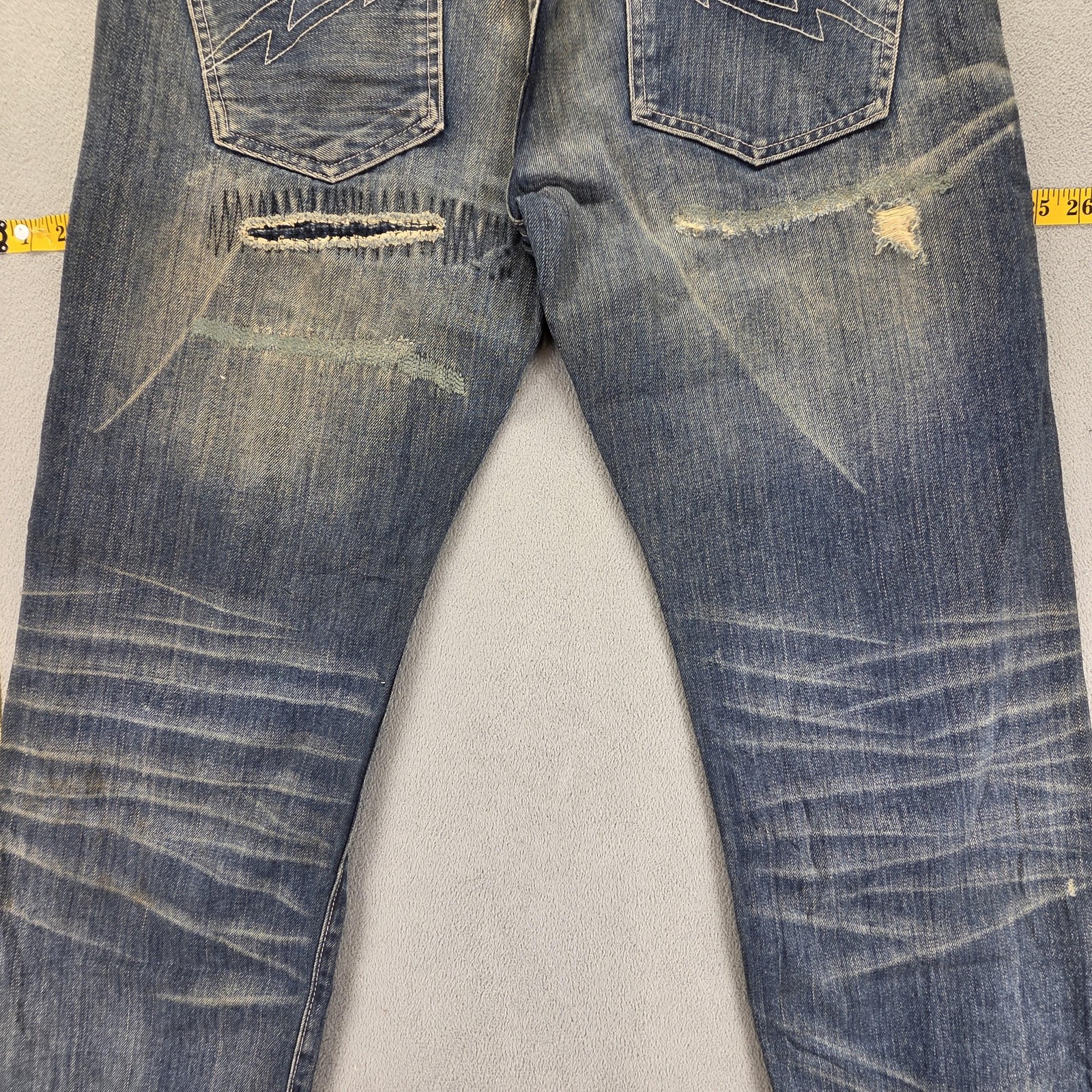 Selvedge Jeans Mens Blue Thrashed Patchwork Whiskers Honeycomb Fits 33×31