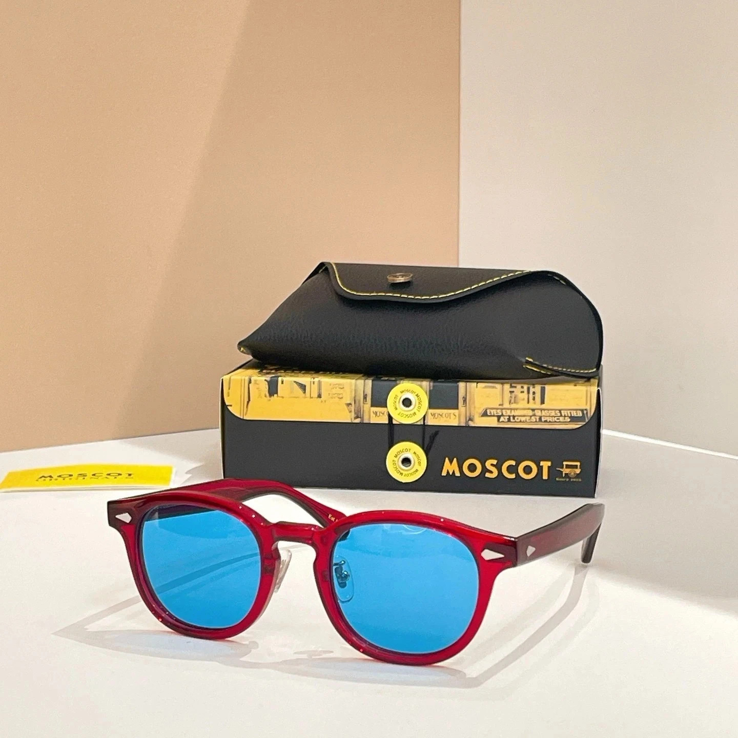 Moscot Lemtosh Red Crystal Frame Blue Mirror Lens Sunglasses Eyewear