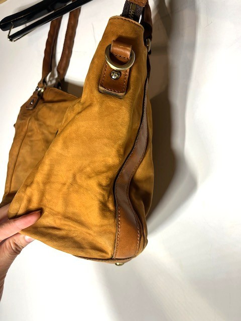 Patricia Nash Distressed Cognac Brown Leather Tassel Bucket Tote Bag
