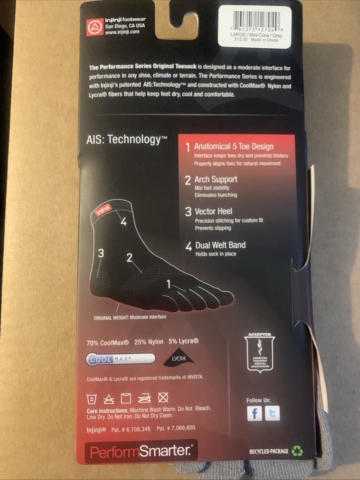 INJINJI PERFORMANCE MINI-CREW TOE SOCKS (Original Weight – Coolmax – Large)
