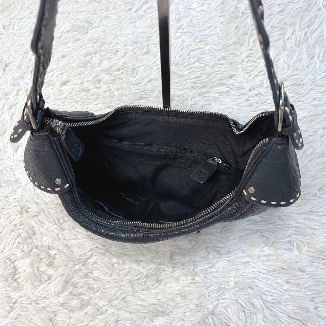 TOD’S Black Leather Half Moon Shoulder Bag White Stitching Y2K Pebbled Logo Auth