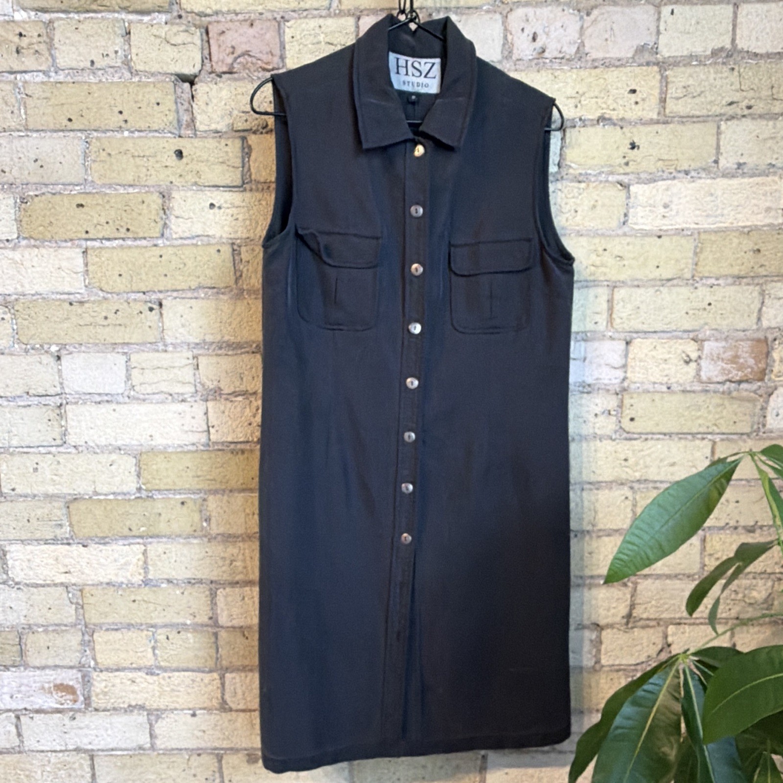 HSZ Studio Solid Navy southwestern Collared Button Front Shirt Dress Pockets M