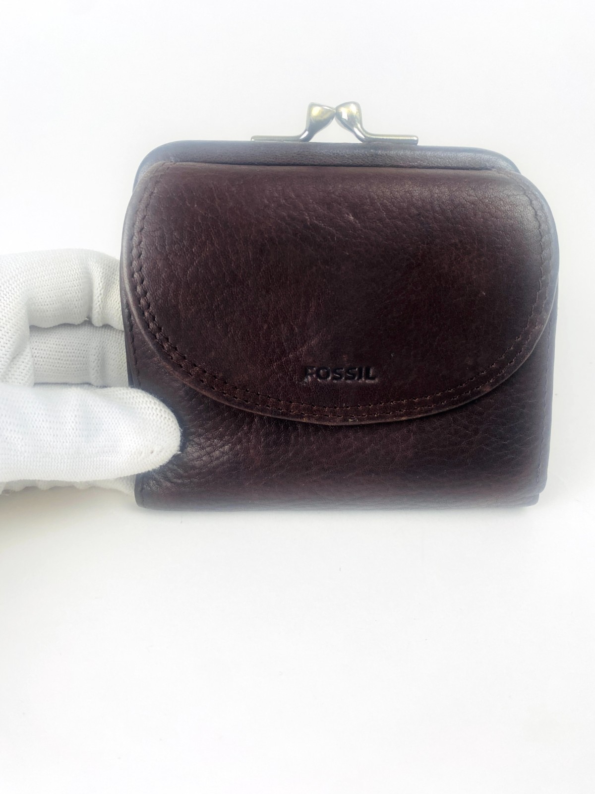 Vintage Fossil Brown Pebbled Leather Kiss Lock Bifold Wallet Coin Purse 90s