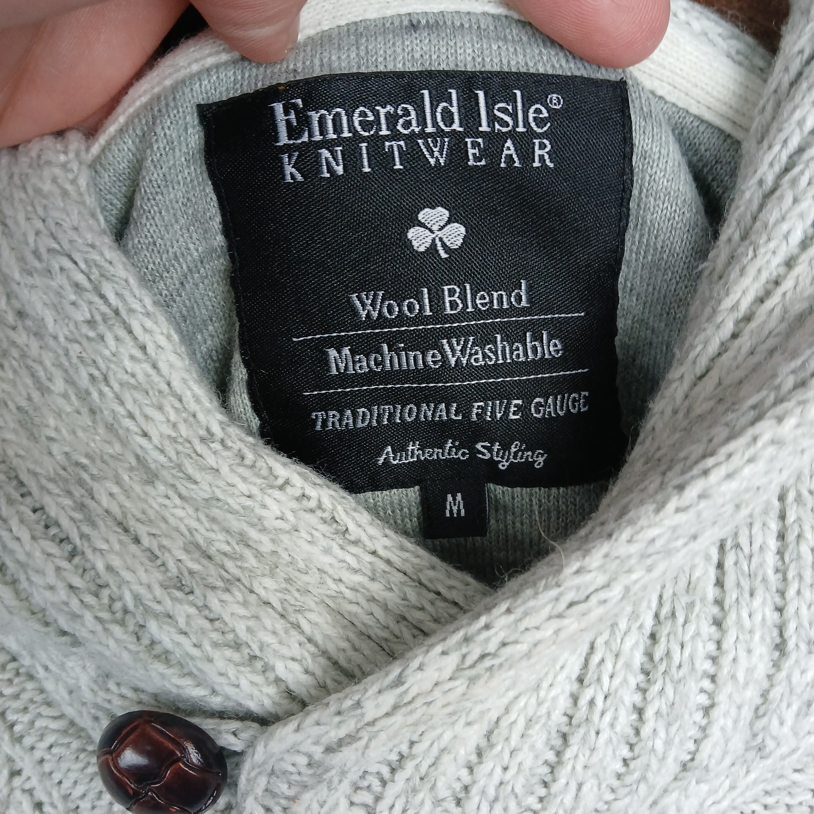 Emerald Isle Knitwear Sweater Mens Medium Beige Cable Knit Ribbed Shawl Collar