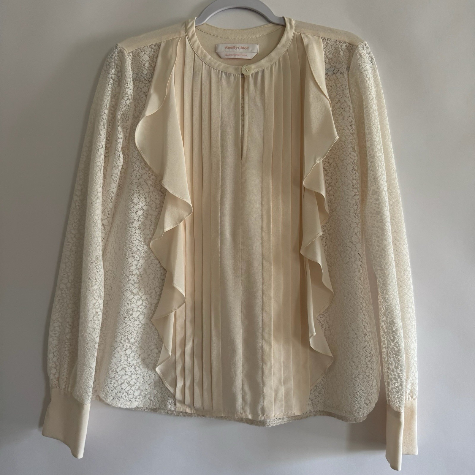 See by Chloe Silk Blend Lace Ruffle Blouse Romantic Cloud White Cottage Core 40