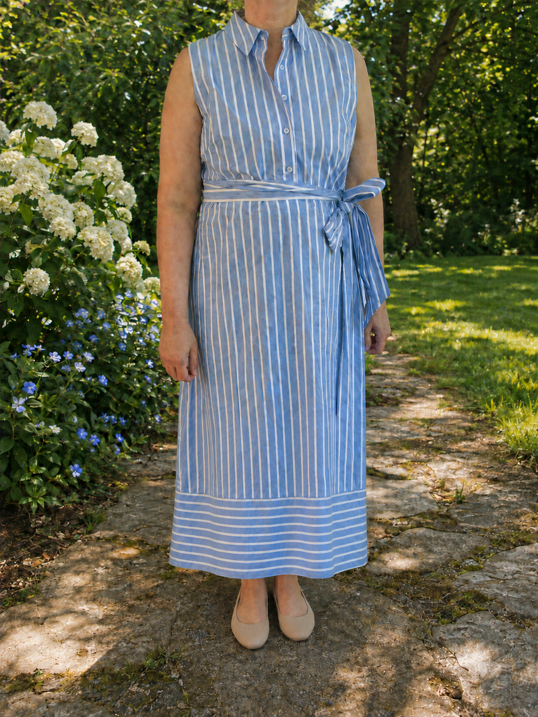 100% Cotton Size 14 Striped Midi Sleeveless Shirtdress Women Blue Tie Waist