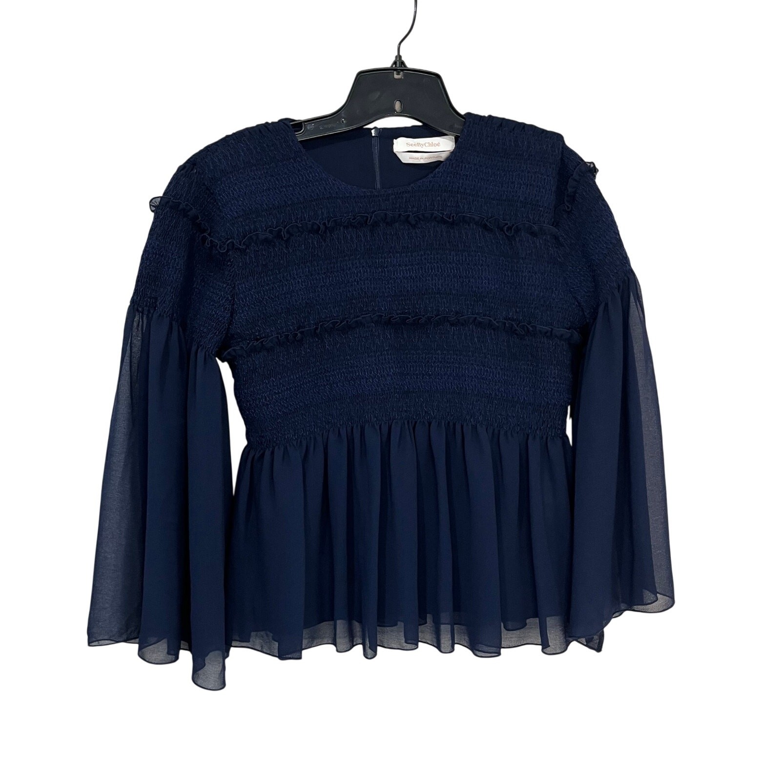 See By Chloe Dark Navy Peasant Top Sheer Sleeves Smocked Bodice Boho Sz 4