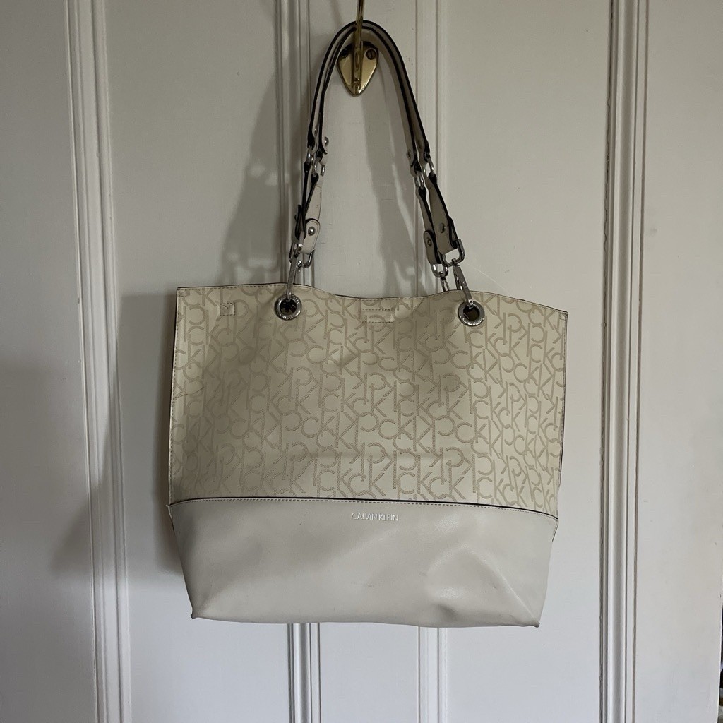 Calvin Klein Tote Monogram Cream And Tan Handbag Purse
