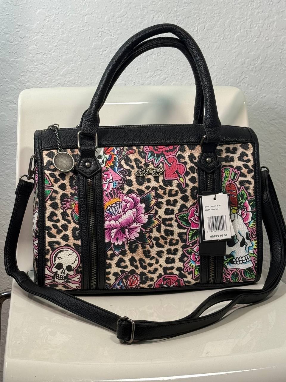 Ed Hardy Cheetah Skull Roses Tattoo Design Satchel Bag EHH119 Medium Large