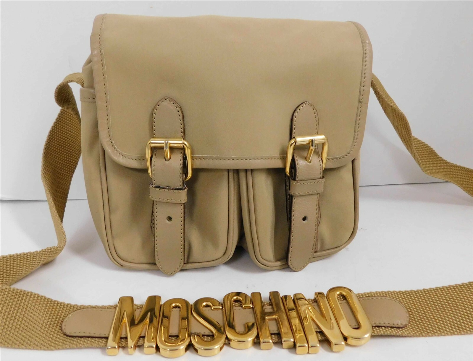 Moschino Redwall Italy Vintage Beige Nylon Leather Block Letter Crossbody Bag