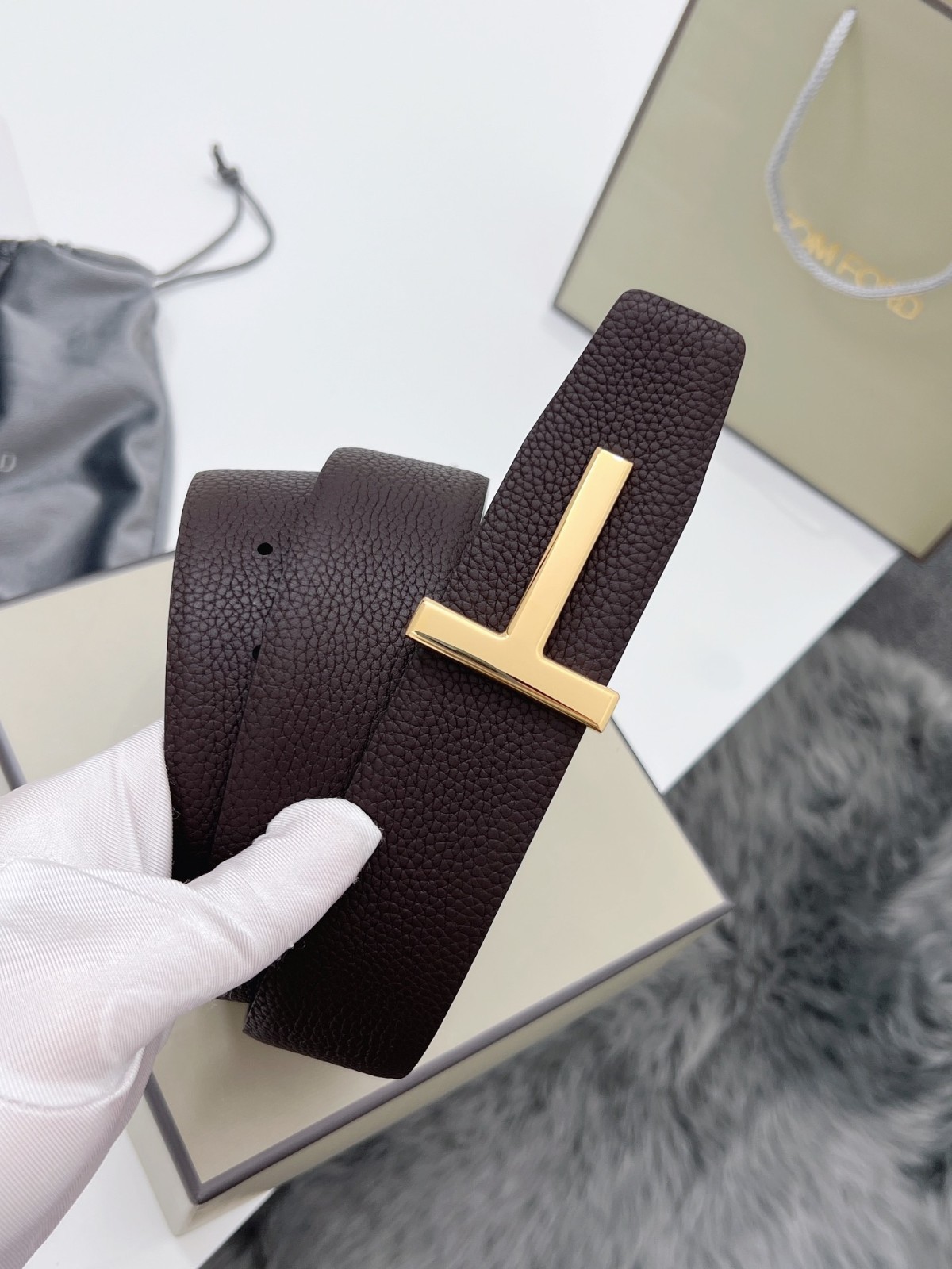 Tom Ford Belt Reversible Gold T-Buckle, Brown/Black Calfskin Leather