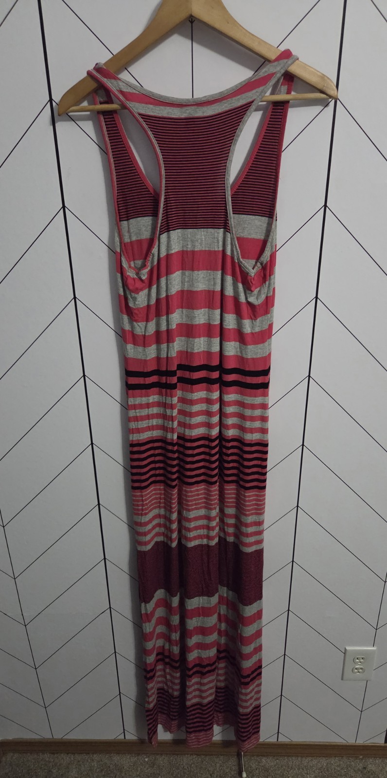 GUESS Racerback Tank Maxi Dress Magenta, Grey & Black Stripe, Size Large
