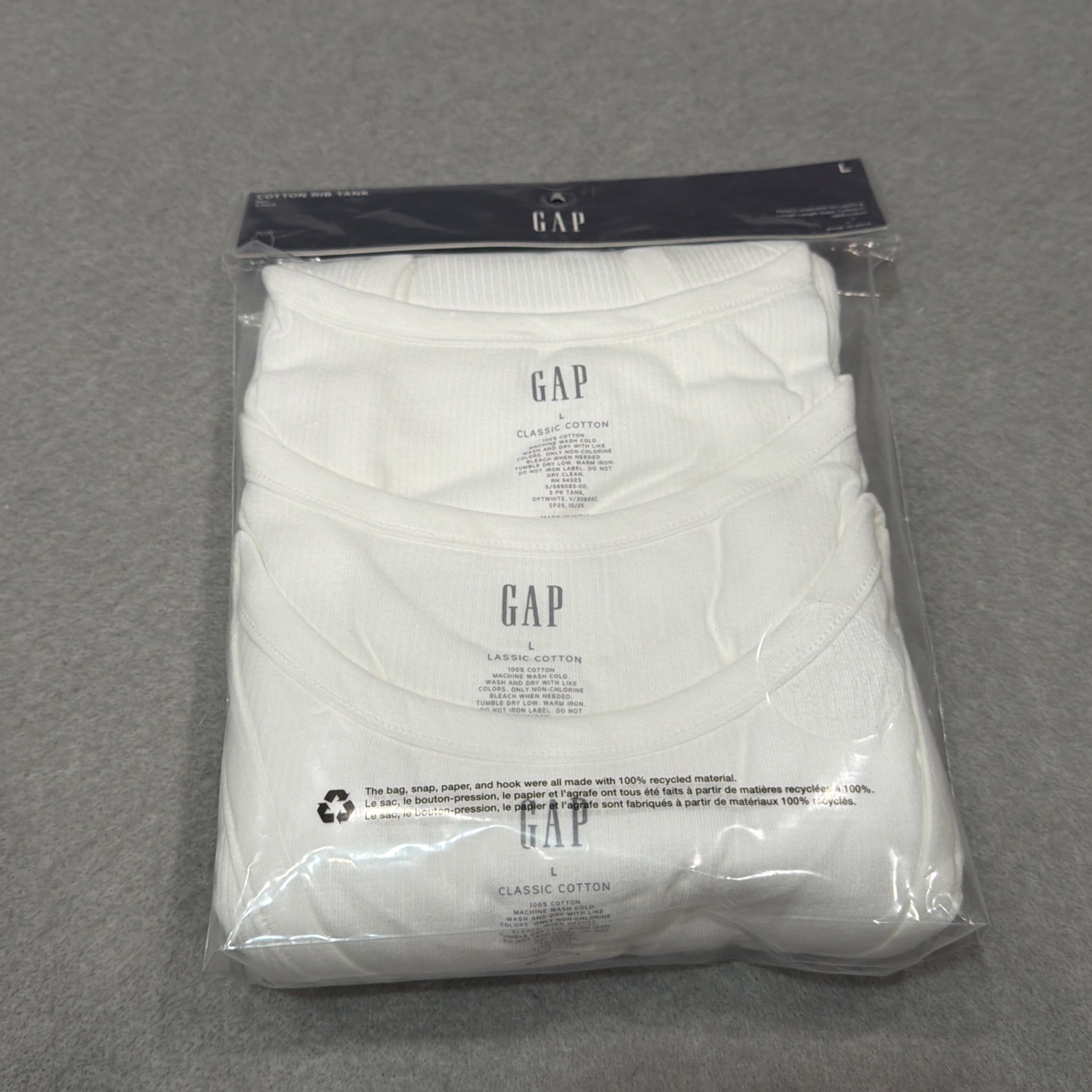 Gap Tank Tops Mens Large White 3 Pack Cotton Rib Undershirt Longer New $45 MSRP
