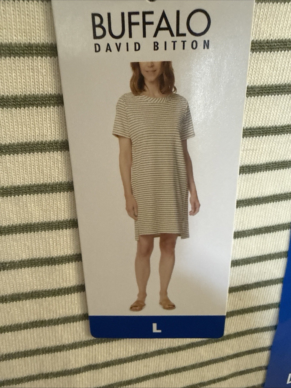 Women Knit Striped Short Sleeve T-shirt Dress ~ Off White / Moss Green ~ Large