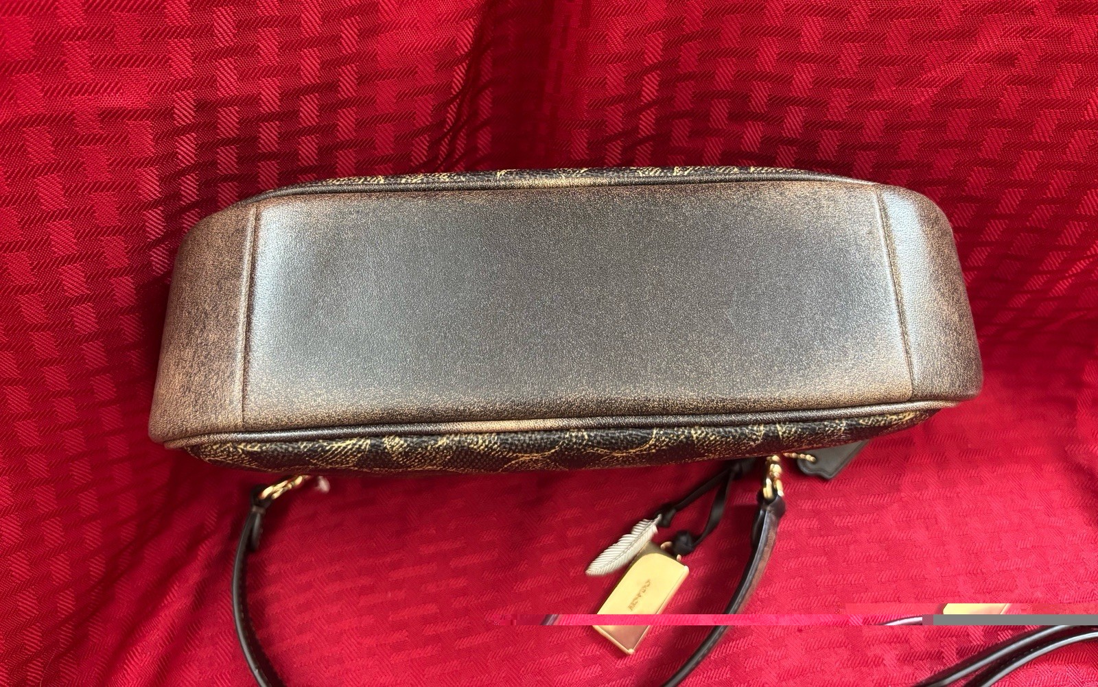 Coach Teri Small Brown Signature Logo Crescent Shoulder Bag Zip w/ Charm Strap