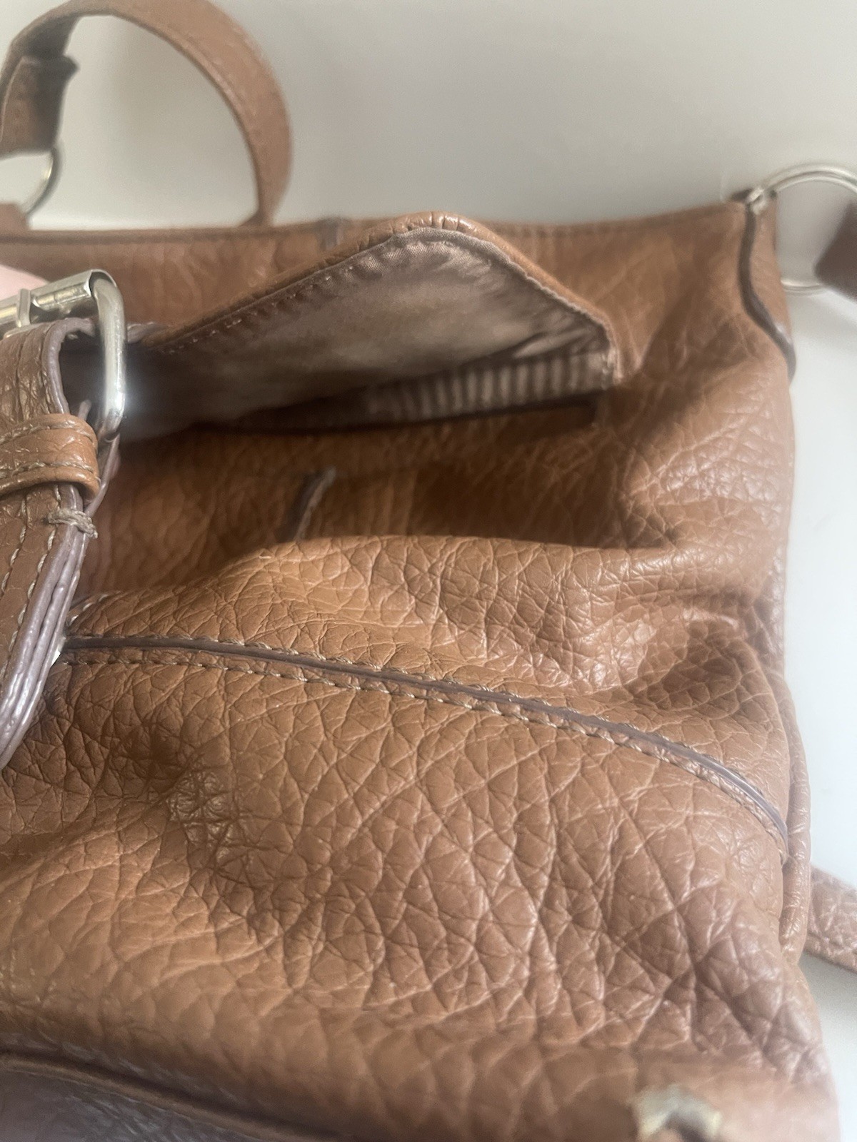 Nine West Tan Shoulder Bag with Pebbled Finish, Buckle Accent, Zipper, Stitching