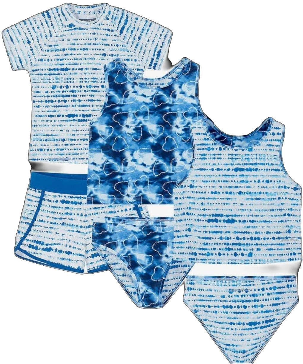 Eddie Bauer Youth Reversible 4-piece Swimsuit Set BLUE & WHITE Size M:10/12