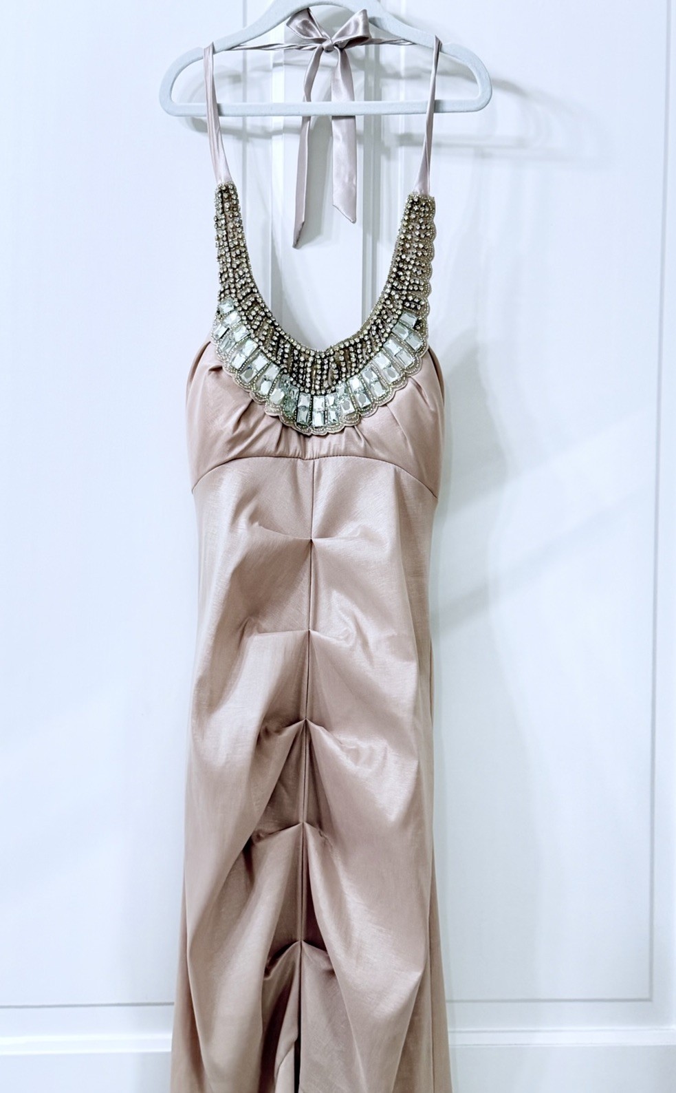 Champagne Halter Mermaid Prom Evening Gown Beaded Neckline Ruched Bodice 5/6