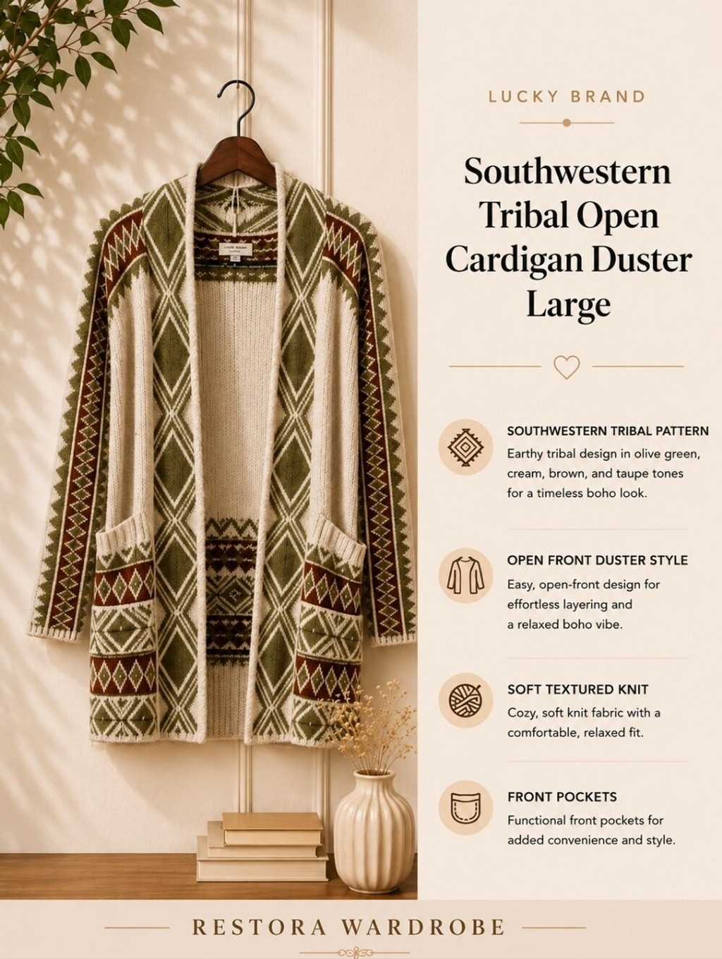 Lucky Brand Southwestern Geometric Long Cardigan Duster Sweater Large L
