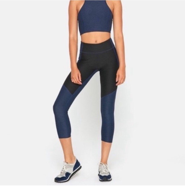 Outdoor Voices two tone color block warmup leggings crop small navy blue black