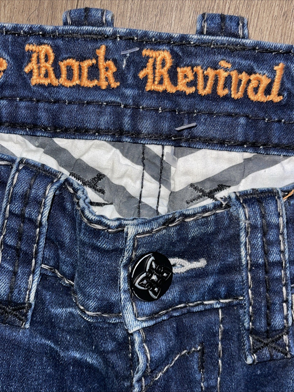 ROCK REVIVAL “ RUSTIC BROWN” Slim Taper Jeans, Size 31/31 Length ￼ Distressed