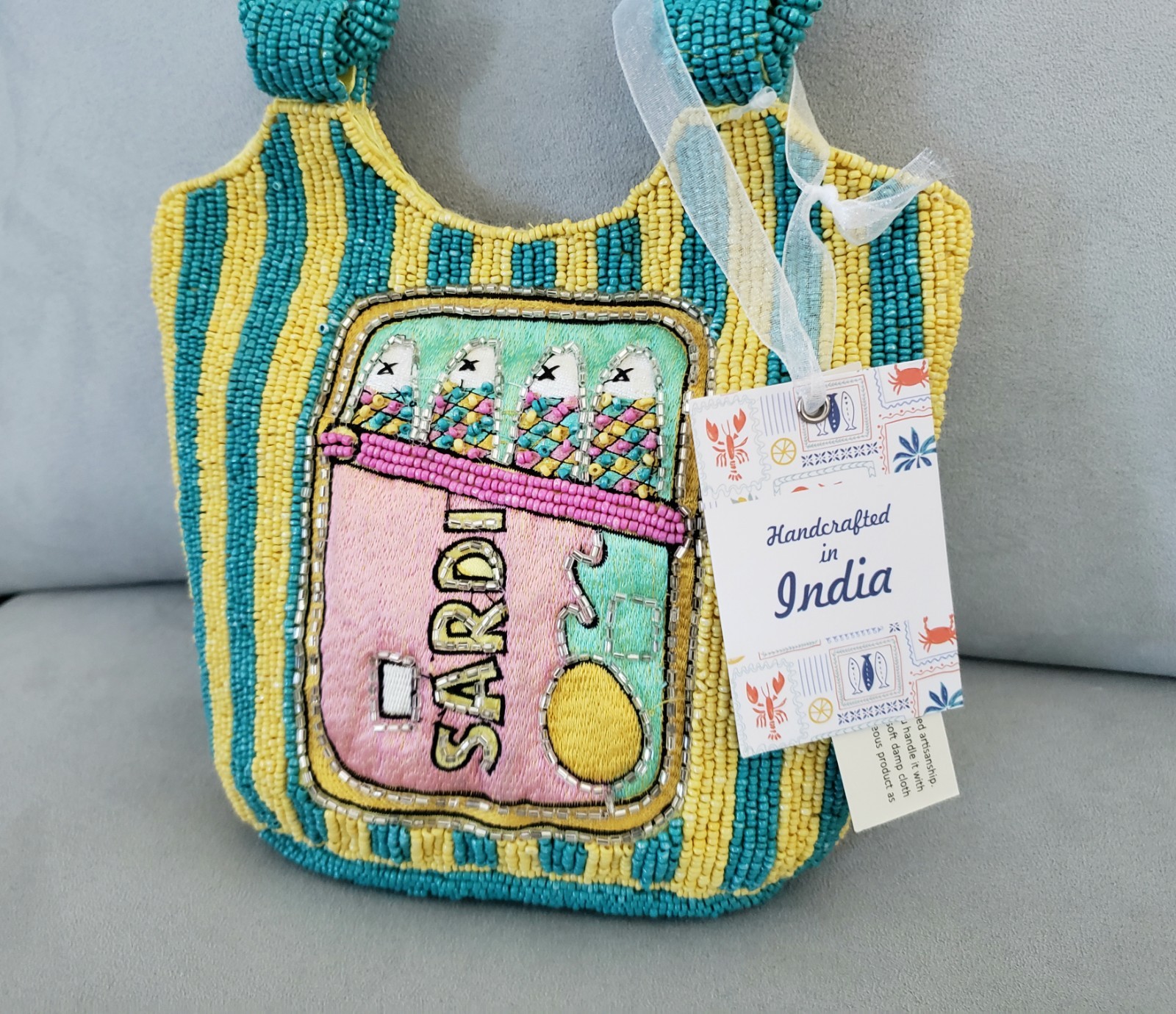 Sardines In A Can Beaded Bag Striped Yellow Teal Pink Fish Handcrafted in India