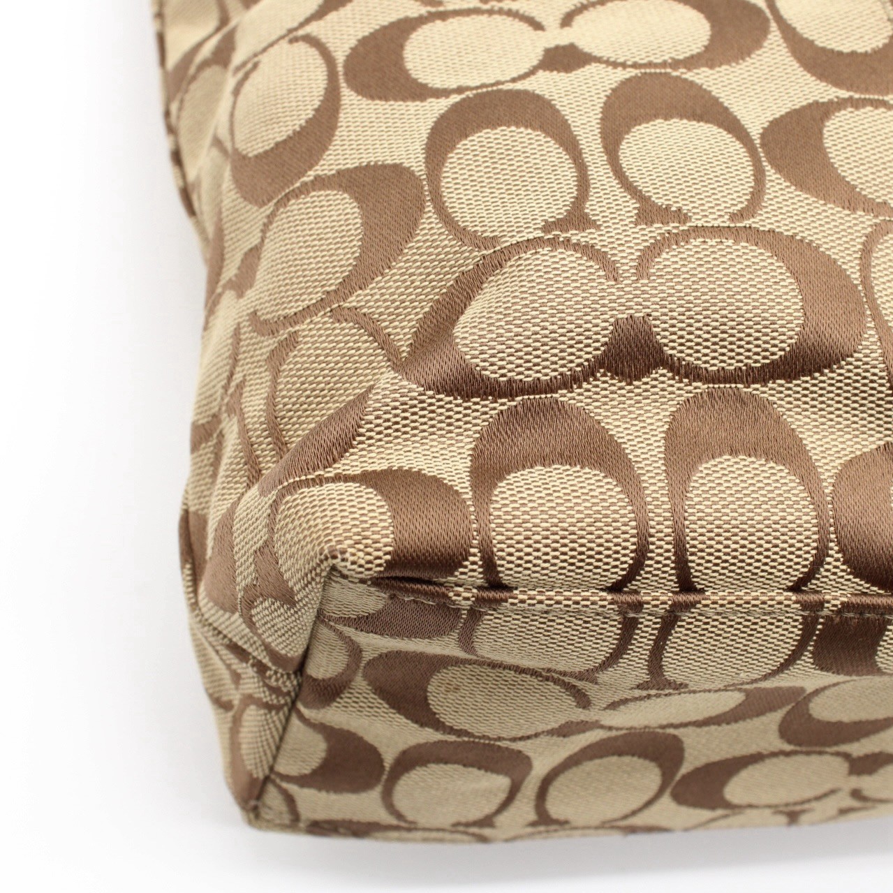 COACH Signature Canvas Leather Tote Bag Beige Brown Snakeskin Embossed Silver