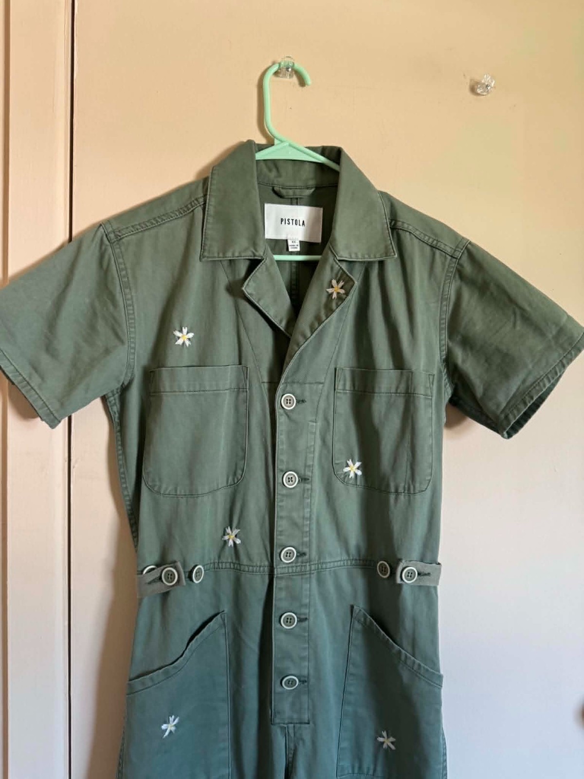 NWOT Grover Twill Flower Embroidered Button-Front Utility Jumpsuit Size XS