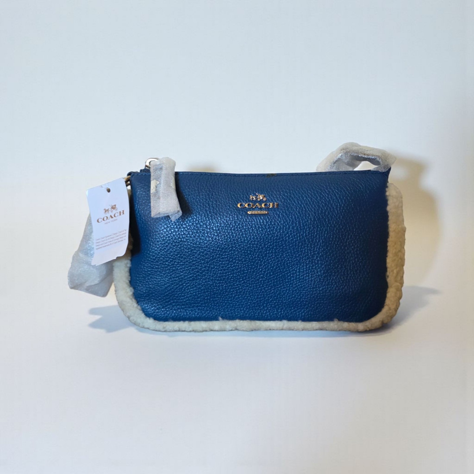 Coach Nolita 19 Shearling Blue Pebble Leather Wristlet Chain Bag NWT